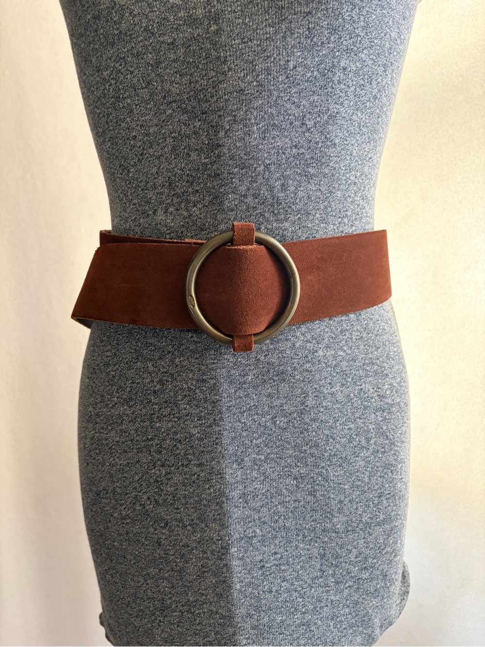J&M Davidson Vintage Wide Brown Suede Statement Belt with Round Buckle